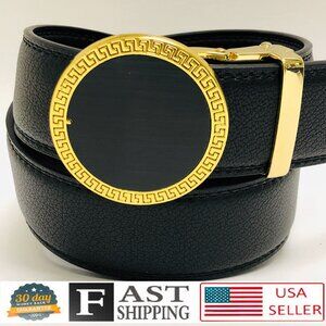 Black Leather Belt Automatic Buckle Slide No Hole Strep Ratchet Gold Meander New